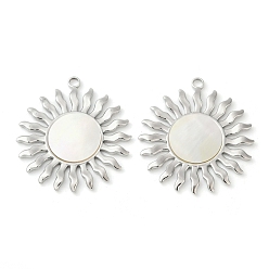 Нержавеющая Сталь Цвет 304 подвески из натуральной белой ракушки из нержавеющей стали, солнечные чары, цвет нержавеющей стали, 38.5x35x2 мм, отверстие : 2.5 мм