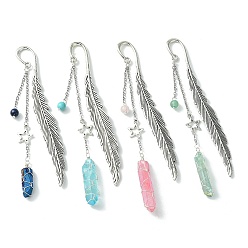 Mixed Color 4Pcs 4 Style Electroplated Natural Quartz Crystal Pendant Bookmark with Gemstone Round Bead, Tibetan Style Alloy Feather & Star Bookmarks, Mixed Color, 118~135mm, 1pc/style