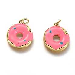 Pink Brass Enamel Pendants, Long-Lasting Plated, Real 18K Gold Plated, with Jump Ring, Imitation Food, Donut Shape, Pink, 15x13x2.7mm, Hole: 2.6mm