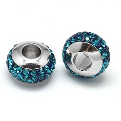 Blue Zircon Rondelle 304 Stainless Steel Polymer Clay Rhinestone European Beads, with Double Side Platinum Color Core, Stainless Steel Color, Blue Zircon, 10x6mm, Hole: 4mm