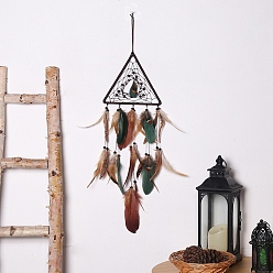 Triangle Woven Web/Net with Feather Wall Hanging Decorations, with Iron Ring, for Home Bedroom Decorations, Triangle, 580~610x195~200mm