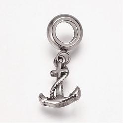 Antique Silver 304 Stainless Steel European Dangle Charms, Large Hole Pendants, Anchor, Antique Silver, 24mm, Hole: 5mm, Pendant: 14x10x2mm