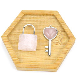 Rose Quartz Natural Rose Quartz Love Heart Key and Couple Lock Pendant Set, for Valentine's Day, Lock: 30x20mm, Key: 15x40mm