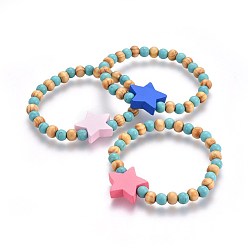 Mixed Color Wood Beads Kids Stretch Bracelets, with Synthetic Turquoise, Star, Mixed Color, 1-5/8 inch(4.2cm)