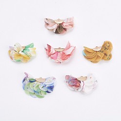 Mixed Color Cloth Pendant Decorations, with Iron Findings, Flower, Golden, Mixed Color, 22~28x36~40x12~15mm, Hole: 1mm