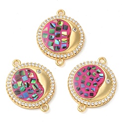 Орхидея Покрытие стойки латунь микро-паве прозрачный кубический цирконий плоский круглый с подвесками в форме луны, с ракушкой и эмалью, реальный 18 k позолоченный, долговечный, без свинца и без кадмия, сиреневые, 24x18x3 мм, отверстие : 2 мм