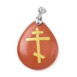 Красный Камень Природные красной яшмы подвески, с реечной обшивкой латунными выводами, без кадмия и без свинца, подвеска в виде капли и креста, 31x25x5~7 мм, отверстие : 4.5x4 мм