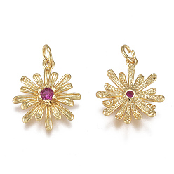 Fuchsia Brass Micro Pave Cubic Zirconia Pendants, with Jump Ring, Long-Lasting Plated, Flower, Real 18K Gold Plated, Fuchsia, 17x15x3mm, Hole: 3mm