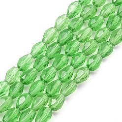 Green Glass Beads Strands, Faceted, teardrop, Green, 6x4mm, Hole: 1mm, about 65~68pcs/strand, 14.96~15.35 inch