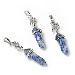 Blue Spot Jasper Natural Blue Spot Jasper Double Terminated Pointed Big Pendants, with Platinum Tone Brass Findings, Cadmium Free & Lead Free, Moon with Fairy & Bullet, Faceted, 62~66mm