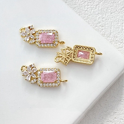 Pink Brass Pave Cubic Zirconia Links Connector Charms, Golden, Rectangle, Pink, 23x10mm