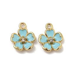 Pale Turquoise Alloy Enamel Pendants, with Rhinestone, Golden, Flower Charm, Pale Turquoise, 16x12.5x3mm, Hole: 1.8mm
