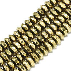 Real 18K Gold Plated Electroplate Non-magnetic Synthetic Hematite Beads Strands, Rondelle, Faceted, Real 18K Gold Plated, 6x3mm, Hole: 0.6mm, about 126~129pcs/strand, 15.75 inch(40cm)