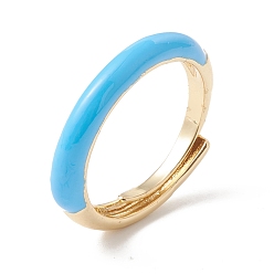 Deep Sky Blue Enamel Adjustable Ring, Real 18K Gold Plated Brass Jewelry for Women, Lead Free & Cadmium Free, Deep Sky Blue, US Size 6~US Size 7 3/4((16.5mm~17.9mm)