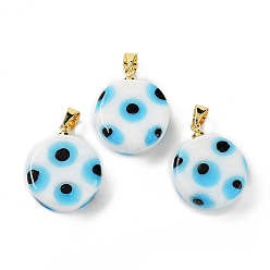 White Handmade Evil Eye Lampwork Pendants, with Rack Plating Brass Findings, Long-Lasting Plated, Lead Free & Cadmium Free, Flat Round, White, 19.5x16x6mm, Hole: 4.2x3.8mm