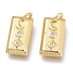 Golden Brass Micro Pave Clear Cubic Zirconia Charms, with Jump Ring, Rectangle with Moon & Star, Golden, 12.5x6.5x2.5mm, Hole: 1.5mm Jump rings: 5x0.8mm