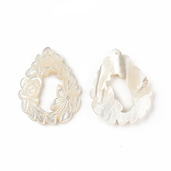 White Shell Natural White Shell Pendants, Teardrop with Flower Charms, 33x26x3mm, Hole: 0.8mm