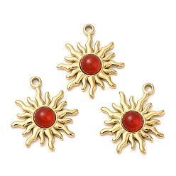 Red Agate Ion Plating(IP) 316 Stainless Steel Sun Pendants, Natural Red Agate Sun Charms, Real 24K Gold Plated, 23x20x5mm, Hole: 1.8mm