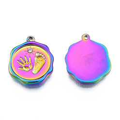 Rainbow Color 304 Stainless Steel Pendants, with Crystal Rhinestone, Nuggets with Fingerprint & Footprints, Rainbow Color, 19.5x15.5x2.5mm, Hole: 1.4mm