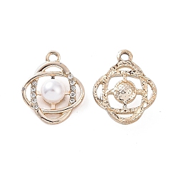 Light Gold Alloy Rhinestone Pendants, with ABS Plastic Imitation Pearl Beads, Flower Charm, Light Gold, 21.5x17.5x8mm, Hole: 2.5mm