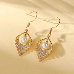 Golden Brass Micro Pave Cubic Zirconia Dangle Earrings for Women, Leaf, with Imitation Pearl, Golden, 13.2x37.3mm