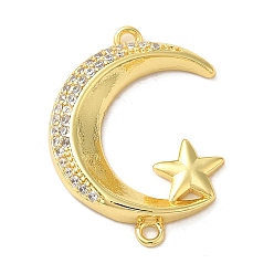 Real 16K Gold Plated Brass Micro Pave Clear Cubic Zirconia Connector Charms, Moon Links with Star, Real 16K Gold Plated, 26x19x3.5mm, Hole: 1.5mm