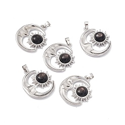 Hypersthene Natural Hypersthene Pendants, Moon Charms with Sun, with Platinum Color Brass Findings, 26.5~27x23~23.5x6mm, Hole: 4x3.5~4mm