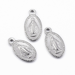 Stainless Steel Color 304 Stainless Steel Pendants, Oval with Virgin Mary, Stainless Steel Color, 15x8x2mm, Hole: 1.5mm