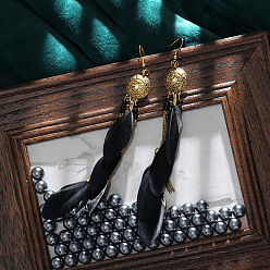 Black Feather Tassel Dangle Earrings, Bohemia Style Long Drop Earrings for Women, Black, 60x17mm