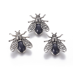 Blue Goldstone Synthetic Blue Goldstone Brooches, with Brass Findings, Cicada, Antique Silver, 38x36x8mm, Pin: 0.6mm