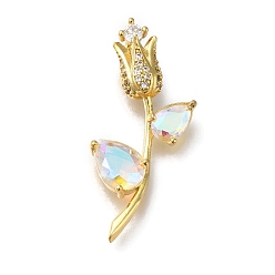 Прозрачный АВ Стойка металлическая латунная микропрофилированная кубическая циркония подвески, долговечный, без кадмия и без свинца, реальный 18 k позолоченный, цветок, ясно AB, 34.5x15x7 мм, отверстие : 6x2 мм