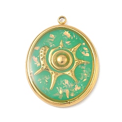 Весенне-зеленый 304 подвески из нержавеющей стали, эпоксидной смолы, с натуральными ракушками и пайетками внутри, овальные с подвесками в форме ракушек, реальный 18 k позолоченный, вакуумное покрытие pvd, весенний зеленый, 25x19.5x3 мм, отверстие : 1.5 мм