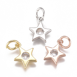 Clear Brass Micro Pave Cubic Zirconia Charms, with Jump Ring, Long-Lasting Plated, Star, Mixed Color, Clear, 10x9x2mm, Hole: 3mm