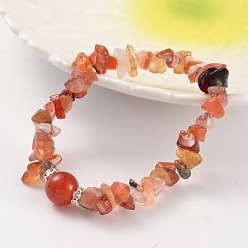 Carnelian Chips Natural Carnelian(Dyed & Heated) Beaded Stretch Bracelets, with Brass Rhinestone Findings, Silver Color Plated, 59mm