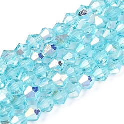 Небесно-голубой Прозрачные стеклянные бусины, двухконусные, с половиным покрытием, с покрытием AB цвета, граненые, окрашенный и сердечный, голубой, 4~4.5x3.5~4 мм, отверстие : 0.8~0.9 мм, около 80~82 шт / нитка, 12.20~12.40 дюйм (31~31.5 см)
