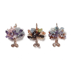 Rose Gold Natural Mixed Gemstone Chip Big Pendants, Rack Plating Brass Tree of Life Charms, Cadmium Free & Lead Free, Rose Gold, 55~64.5x43.5~46x16~19.5mm, Hole: 6.5~7.5mm