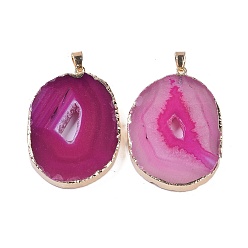 Deep Pink Natural Agate Big Pendants, Oval Charms, Dyed & Heated, with Golden Plated Brass Findings, Deep Pink, 50~62x33~43x5~7mm, Hole: 7.5x4.5mm