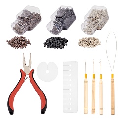 Mixed Color DIY Jewelry Kits, with PVC Protect Shields, Aluminium Micro Rings, Ferro-nickel Hair Pliers, Wood Handle Iron Crochet Hook Needles