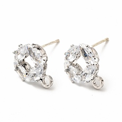 Platinum Brass Micro Pave Clear Cubic Zirconia Stud Earring Findings, with Loop, Flat Round, Platinum, 11.5x9.5mm, Hole: 1.8mm, Pin: 0.7mm
