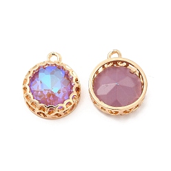 Violet K9 Glass Pendants, with Light Gold Brass Finding, Flat Round Charms, Violet, 18x14.5x5.5mm, Hole: 1.6mm