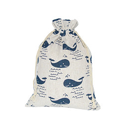 Whale Linenette Drawstring Bags, Rectangle, Whale Pattern, 18x13cm