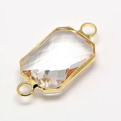 Clear Golden Tone Brass Glass Rectangle Links connectors, Faceted, Clear, 22x10x5mm, Hole: 2mm