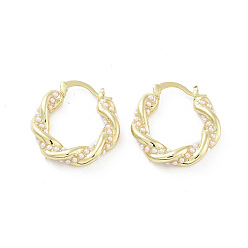 Real 18K Gold Plated Brass Hoop Earrings, with Plastic Pearl, Long-Lasting Plated, Lead Free & Cadmium Free, Real 18K Gold Plated, 26x24x5mm, Pin: 1~2mm