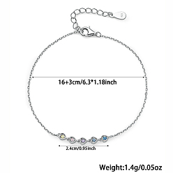 Platinum Heart Cubic Zirconia Link Bracelets, Rhodium Plated 925 Sterling Silver Cable Chains Bracelets for Women, Platinum, 6-1/4 inch(16cm)