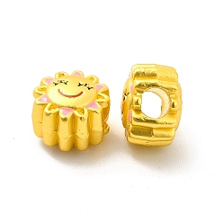 Matte Gold Color Rack Plating Alloy Enamel European Beads, Large Hole Beads, Sun with Smiling Face, Matte Gold Color, 10x8mm, Hole: 4mm