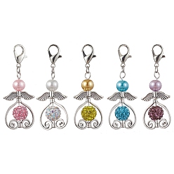 Mixed Color 5Pcs 5 Colors Angel Glass Pearl Pendant Decorations, with Polymer Clay Rhinestone Beads and Zinc Alloy Lobster Claw Clasps, Mixed Color, 56mm, 1pc/color