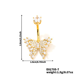 Золотой Элегантные латунные хрустальные стразы бабочка изогнутые кольца для пупка штанга, золотые, 28x19 мм