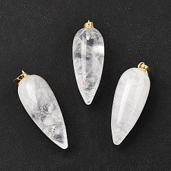 Хрусталь Натуральные кристаллы с кварцевым кристаллом, с фурнитурой позолоченной латунной, пуля, 32~33x12 мм, отверстие : 2.5x6 мм