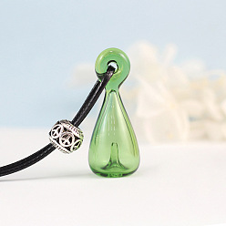Light Green Glass Perfume Bottle Pendant Necklace with Wax Cord for Women, Light Green, Pendant: 40x18mm, 17.72 inch(45cm)