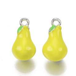 Yellow Brass Charms, with Enamel, Pear, Nickel Free, Real Platinum Plated, Yellow, 13.5x8mm, Hole: 1.4mm
